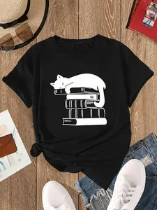 Cat & Book Lover Graphic Tee - Super Soft & Comfortable Round Neck Short Sleeve Top for Women, Perfect for Everyday Wear, Year-Round Layering and Aesthetic Casual Outfits. Machine Washable.