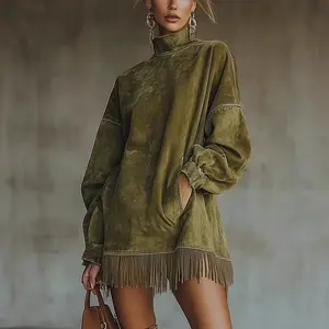 Women Contoure Vintage Fringe Turtleneck Mini Dress – Oversized Long Sleeve