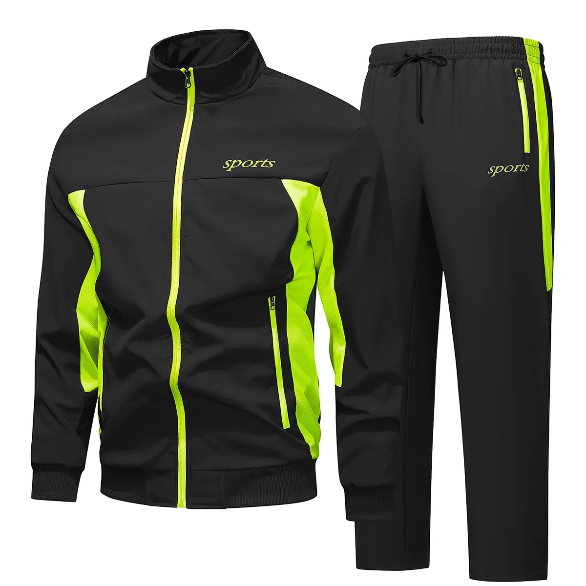 Men's High-Visibility Solid Tracksuits Set - 2-Piece Polyester Sweatsuit Matching Set with Full-Zip Jacket, Joggers, Breathable Quick-Dry Athletic Outfits for Gym, Running