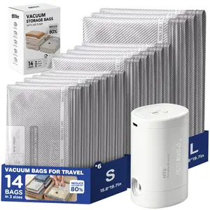 Cordless Travel Vacuum Bag Set, Vacuum Bags for Travel with Rechargeable air Pump, 14 Pack Carry-on Size Compression Packing Bags for Luggage and Suitcase, Space Saver Vacuum Storage Bags for Travel Clothing, Vacuum Seal Bags with Waterproof & Reusable