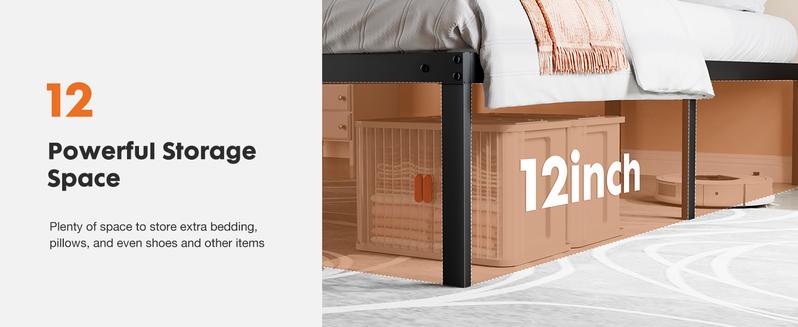 Metal Bed Frame,Twin Size Bed Frame with Storage Space,Heavy Duty Sturdy Mattress Foundation,Easy Assembly,No Box Spring Needed, Black,12 Inch,Twin