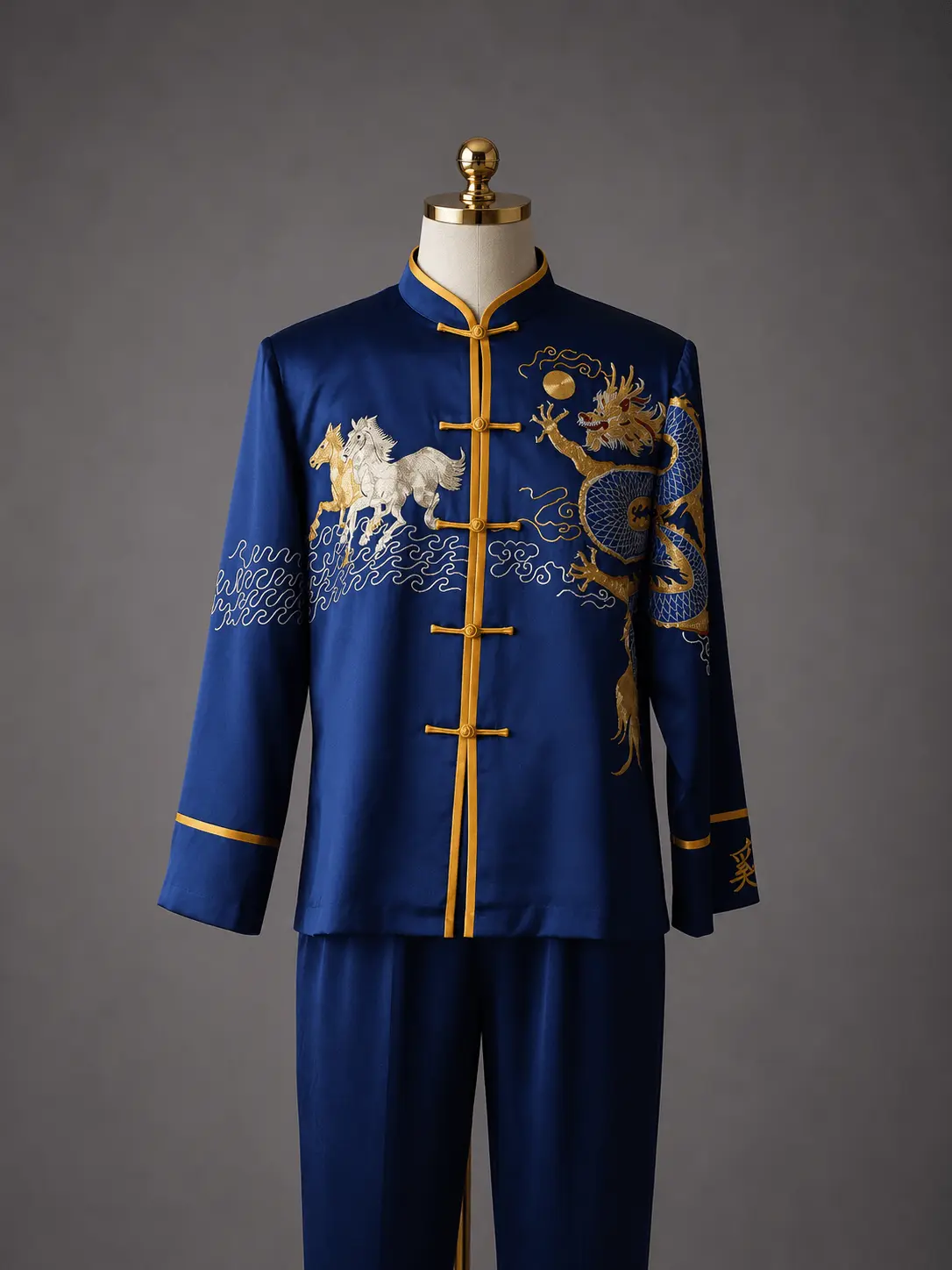 Bespoke Navy Silk Tang Suit — Dragon & Horse Hand Embroidery