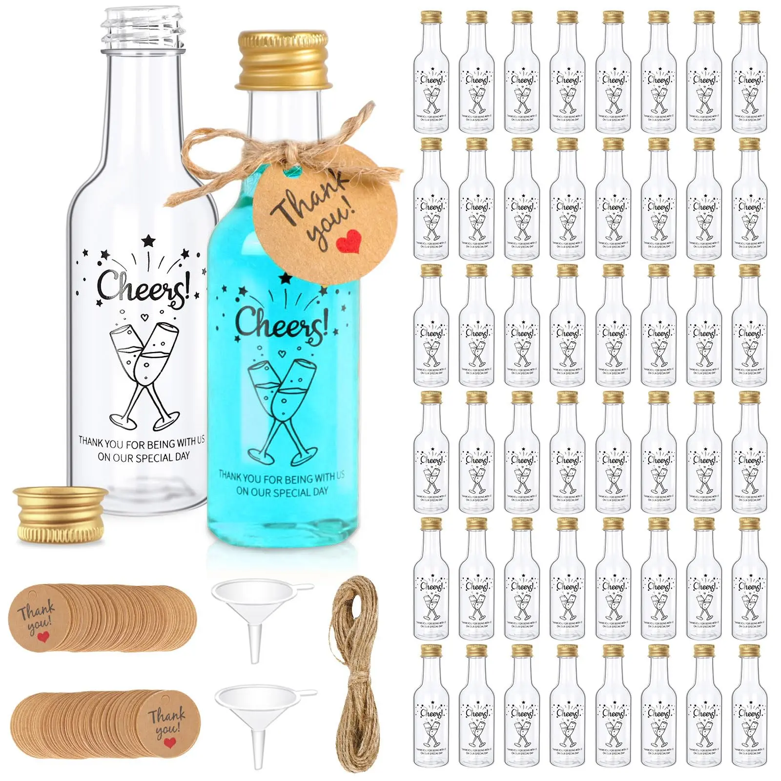50 Pack Baby Shower Mini Liquor Bottles, 1.7oz/50ml Empty Plastic Shot Bottles with Gold Screw Caps Funnels Tags & Twines for Juice Wine Alcohol Juicing Ginger Shots Gender Reveal Party Favors