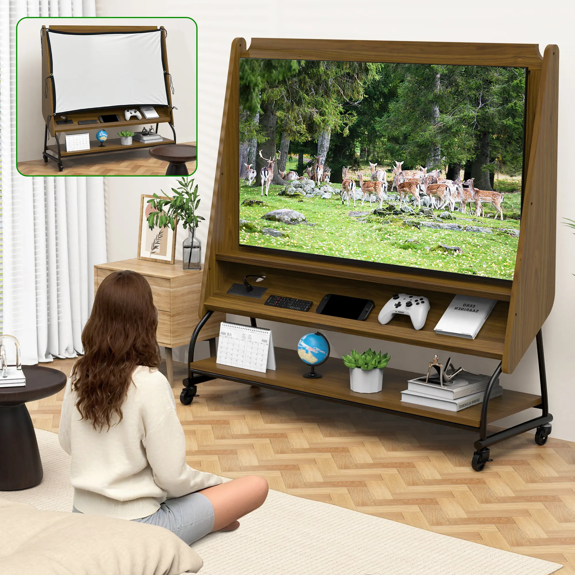 A mobile TV cabinet with a stand, suitable for 32 - 50 inch TVs, equipped with a projection screen and power socket - an adjustable rolling TV cart, suitable for bedrooms/living rooms/kitchens/terraspheres, Thanksgiving/Christmas gifts