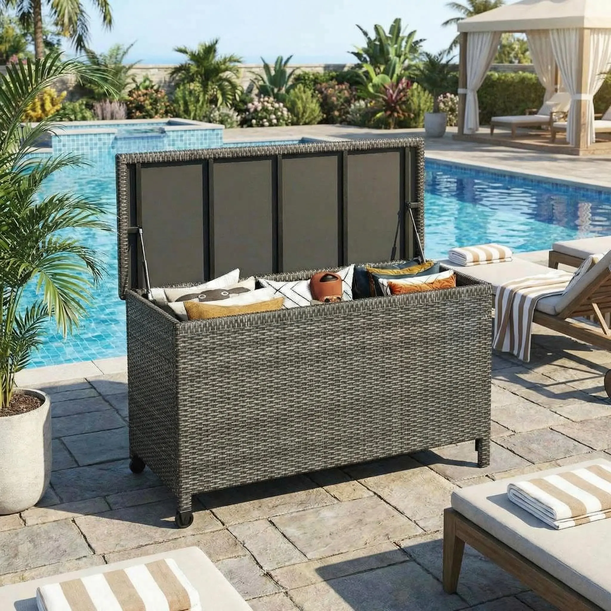 Extra Large 120 Gallon Outdoor Storage Box - Weather-Resistant PE Rattan Deck Chest with Heavy-Duty Steel Frame, Lockable Bin for Patio Cushions, Garden Tools, Pool Toys