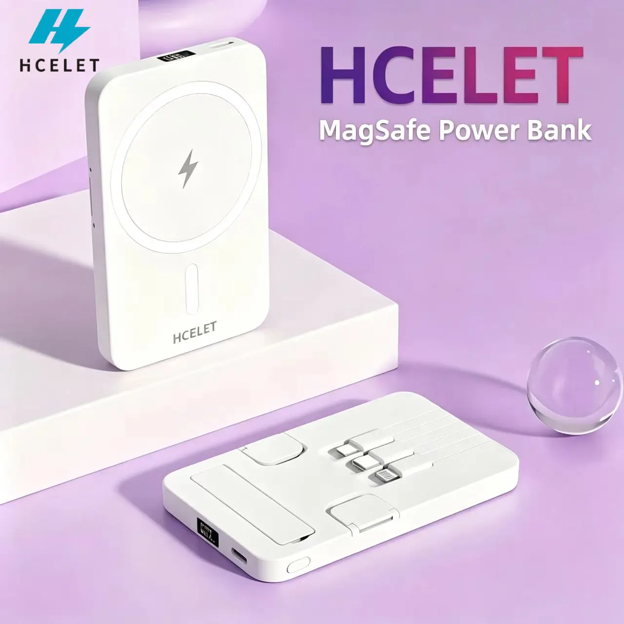 HCELET 10000mAh Magnetic Portable Charger with Stand - MagSafe Wireless Power Bank for iPhone, Built-in 3 Cables (USB-C/USB-A/Lightning) for Universal Fast Charging, Smartphone Emergency Power Pack for Mobile Devices & Accessories, Chargeable