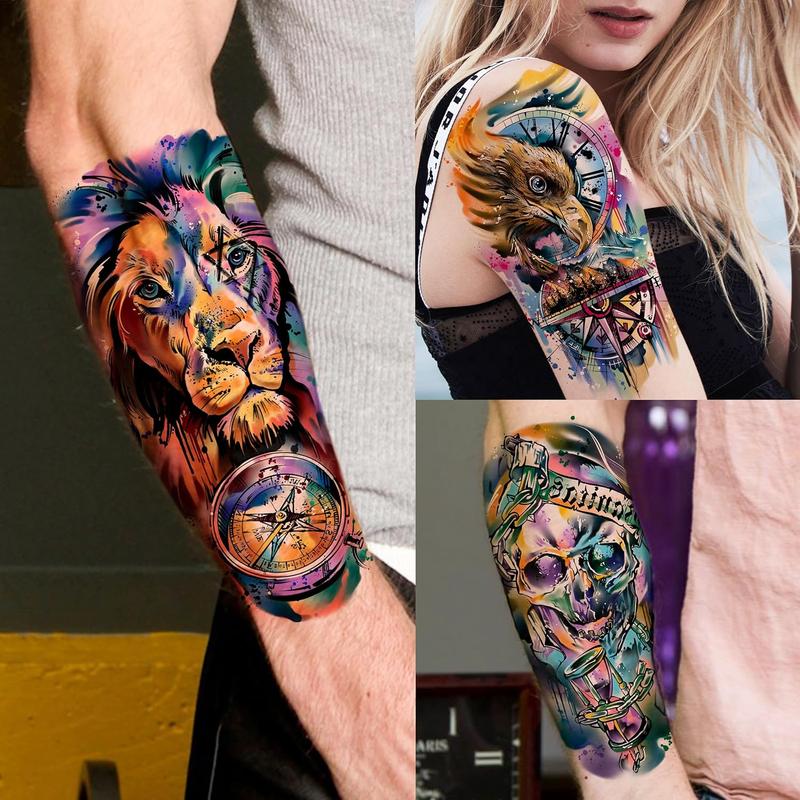 65/66 Sheets Watercolor Temporary Tattoos For Men Women Forearm Shoulder Legs Body Arm, 12 Sheets Long Lasting Lion Tiger Wolf Dragon Ealge Fake Tattoo Sleeve Adults, 53/54 Sheets Small Tatoos Kids