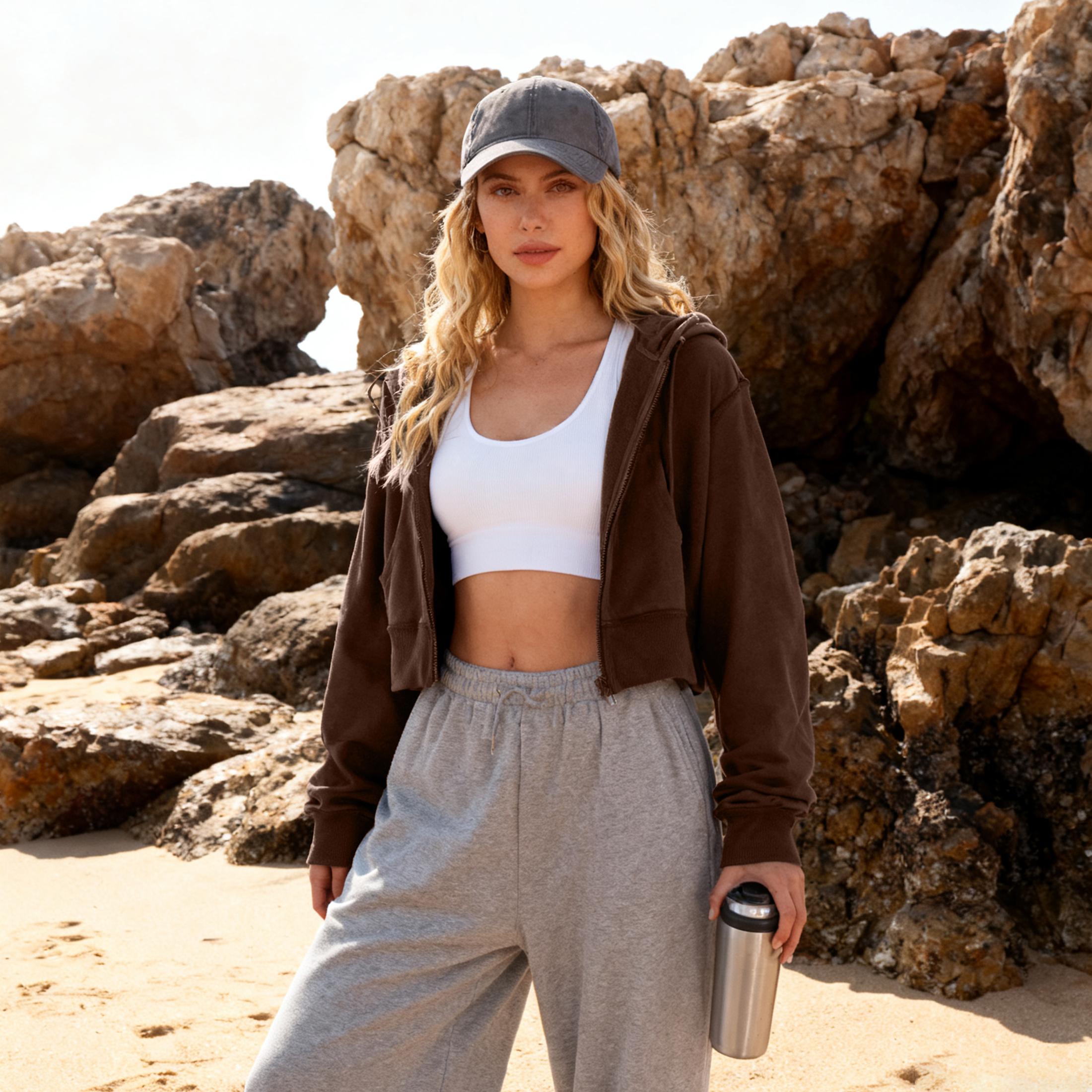 Buenoble Women’s Cropped Zip Up Hoodie Long Sleeve Sweatshirt with Contrast Stitch Casual Loose Fit Jacket