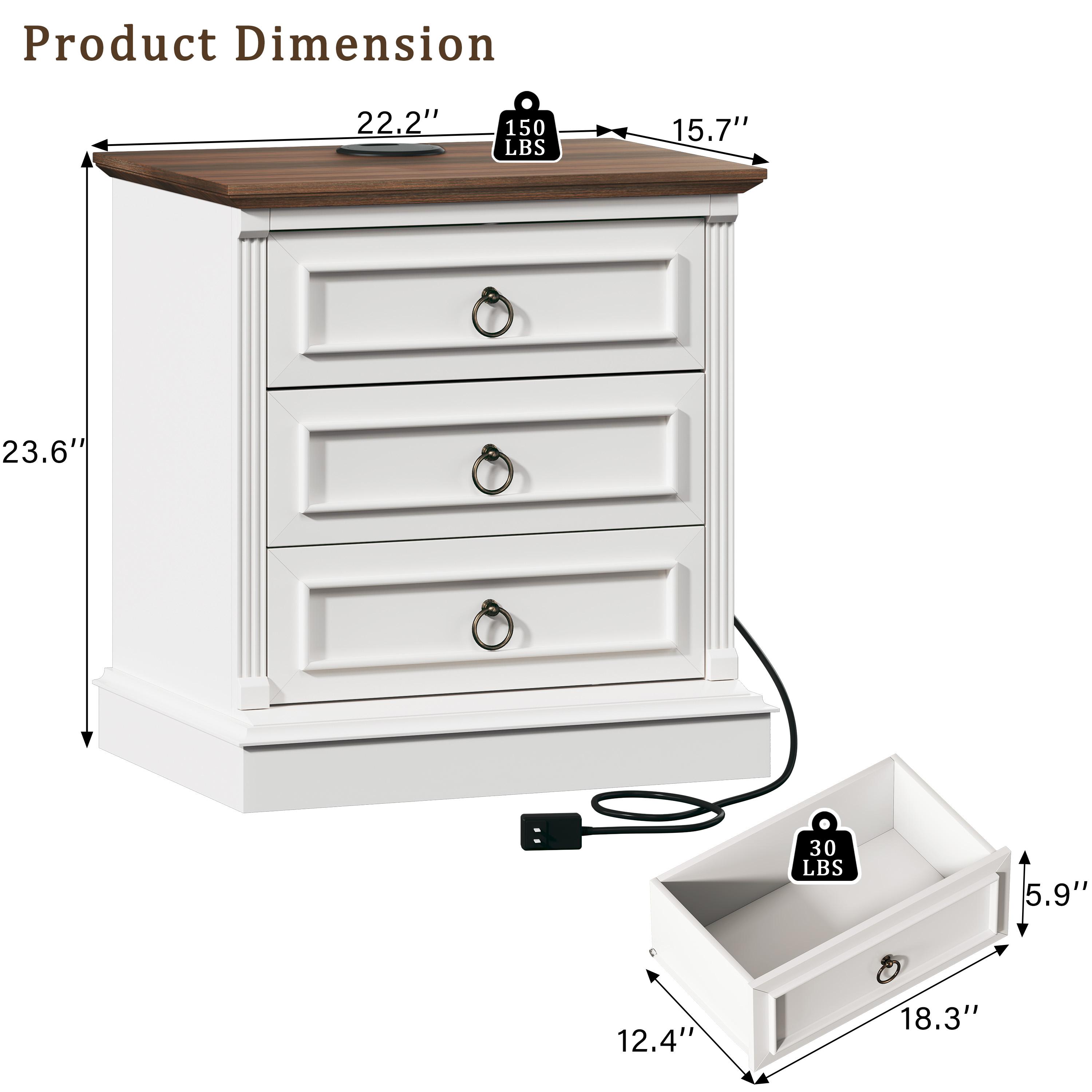 Farmhouse Nightstand with 3 Drawer, 22" Wide Side Table with Roman Columns, Bedside Table with Wireless Charging Station, Rustic Large End Table for Bedroom, White