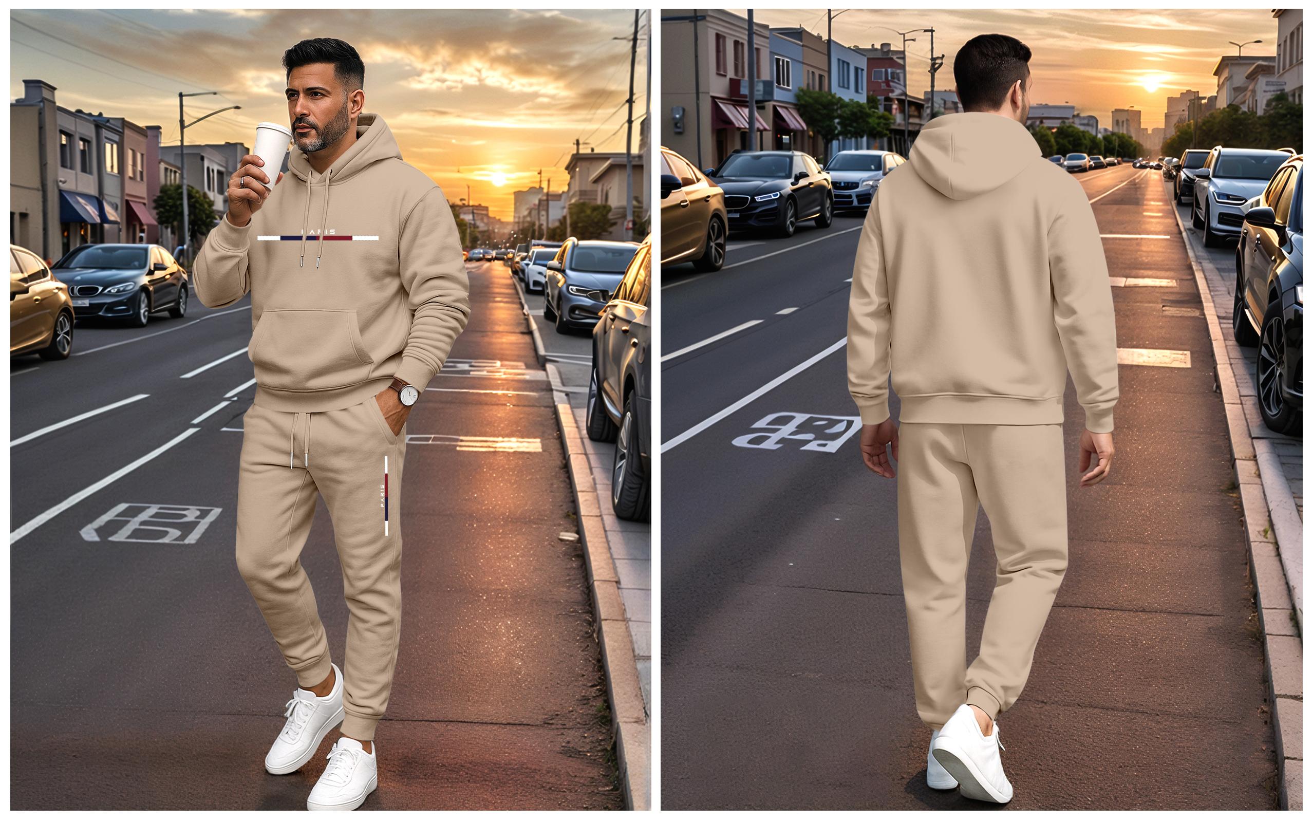 Men's Paris Letter Printed Hoodie and Drawstring Sweatpants Set, Menswear, Casual Athletic Long Sleeve Hooded Jacket & Trousers for Fall & Winter, Men's Clothing for Daily Wear, Sportswear Indoor Outdoor, Tracksuit, Athleisure Summer Clothes