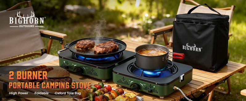 BIG HORN OUTDOORS 2 Burner Propane Camping Stove, Portable Camp Stove, Folding Gas Stove, Includes Frying Pan & Carry Bag for Camping, Emergency Use and Outdoor Cooking BIG HORN OUTDOORS 2 Burner Propane Camping Stove, Portable Camp Stove, Folding Gas Stove, Includes Frying Pan & Carry Bag for Camping, Emergency Use and Outdoor Cooking
