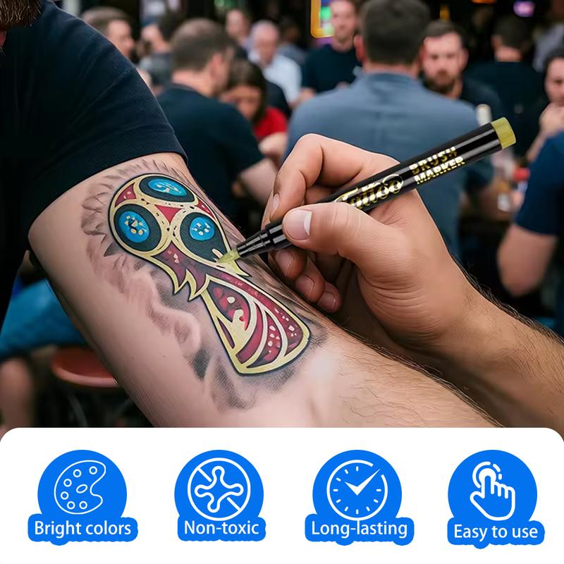 Temporary Tattoo Markers for Skin, 10 Count Body Markers 10 Color Tattoo Pens, Flexible Brush Tip, Bright Colors, Cosmetic Quality Face Paint Kit, Perfect Valentines Gifts