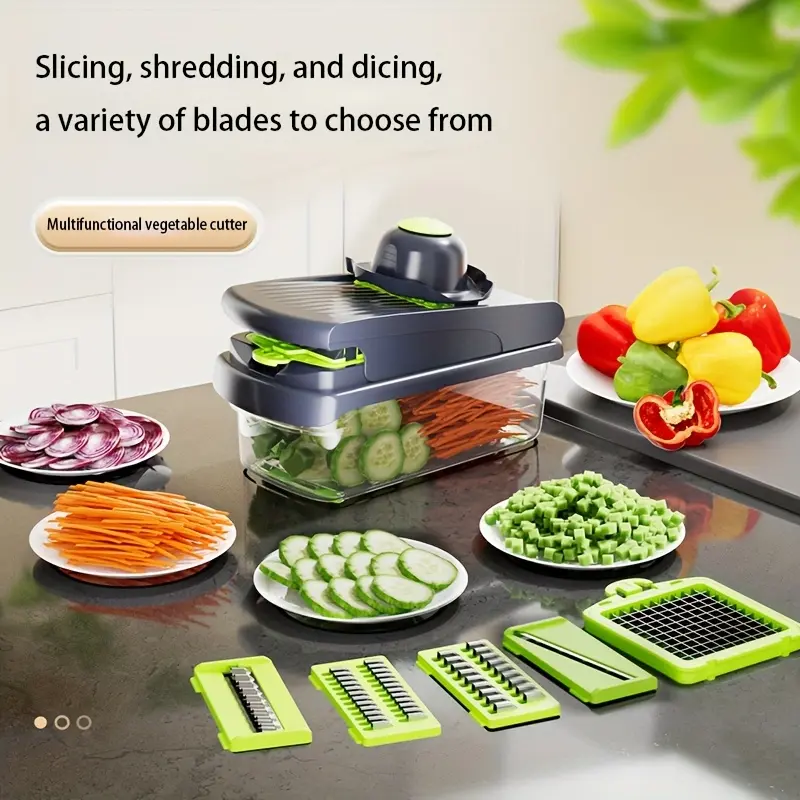 15-in-1 Durable Electric Fruit & Vegetable Chopper Cutter - 8 Razor-Sharp Rustproof Stainless Steel Blades, 1.5L ABS Plastic Container, Slicer for Onion/Cabbage, Easy Storage & Transport, Cable-Included Kitchen Utensil for Healthy Meals, Father's Day Gift