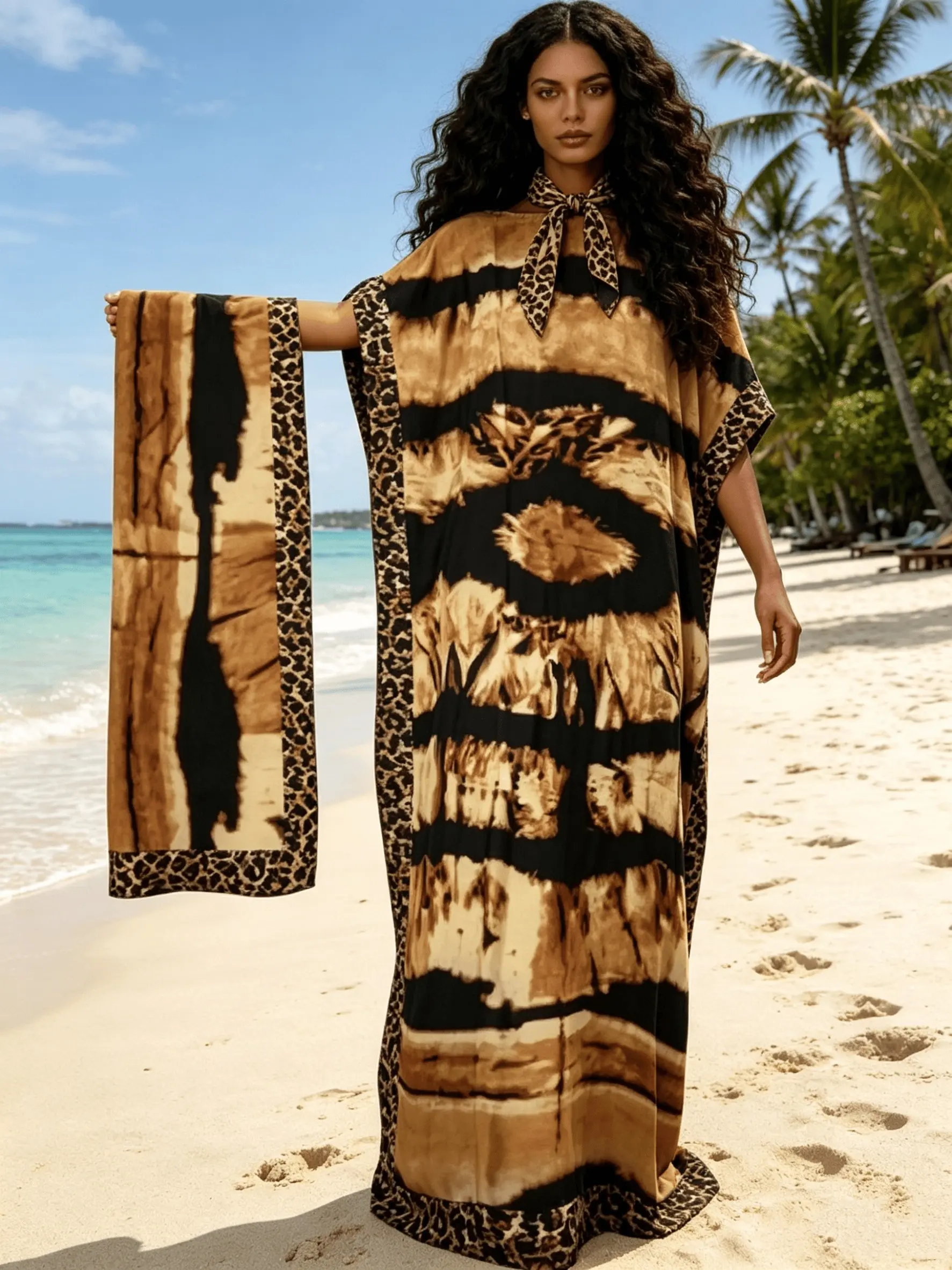 2026 New Women's 2 Piece Camel Tie-Dye & Leopard Print Aesthetic Bohemian Kaftan Maxi Dress with Matching Scarf, Silky Loose Pleated Robe, Plus Size Friendly, Summer Beach Cover Up, Resort Vacation & Evening Party Wear
