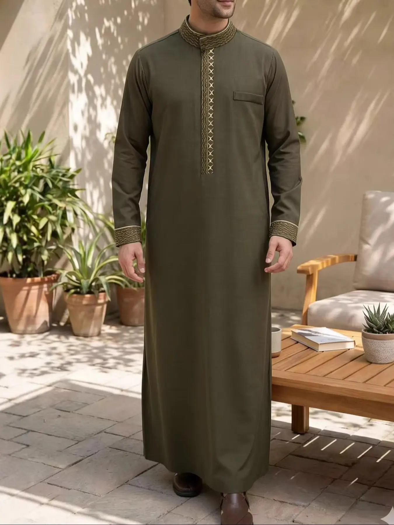 Islamic Muslim Men's Arabic Traditional Thobe Clothing, Ramadan Festival Sacrifice Day Traditional Holiday Clothes, Classic Olive Embroidered Robe For Muslim Modesty, Loose Fit Jubba