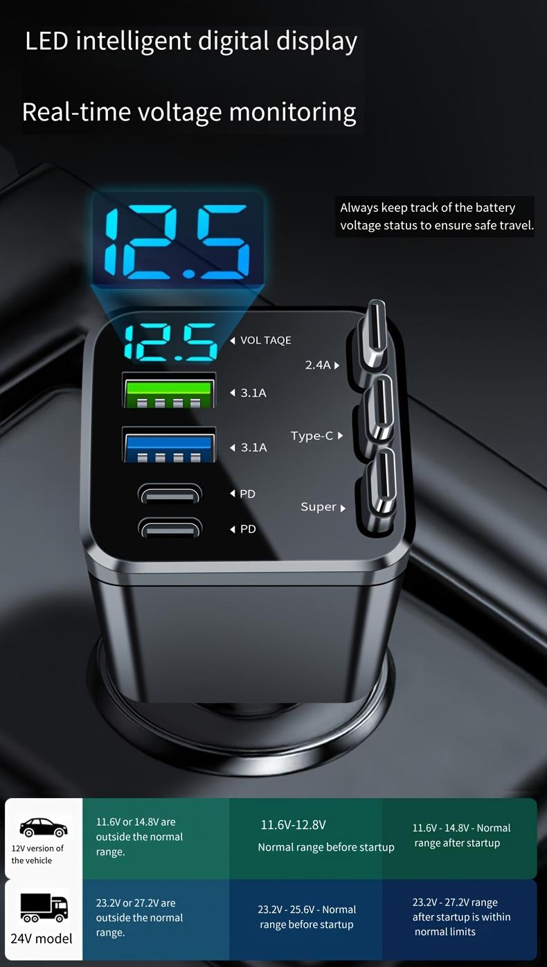8-in-1 Car Fast Charger with 3 Retractable Cables 180° Adjustment LED Display Universal Plug for iPhone & Type-C Devices