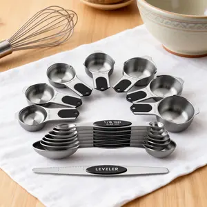 Strong N45 Magnetic Measuring Cups & Spoons Set | 15-Piece Heavy Duty Stainless Steel BPA Free with Leveler | Dual-Scale Clear Markings | Core Kitchen Gadgets Kitchen Accessories Kitchen Supplies