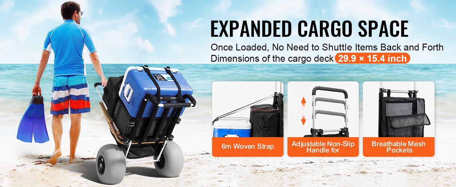 VEVOR Beach Carts with Widen TPU Balloon Big Wheels for Sand, TikTokShopBlackFriday,  Cargo Deck 165LBS Loading Folding Sand Cart & Adjustable Height, Aviation Aluminum Cart for Picnic, Fishing, Beach