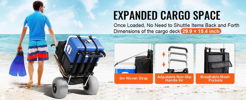 VEVOR Beach Carts with Widen TPU Balloon Big Wheels for Sand, TikTokShopBlackFriday,  Cargo Deck 165LBS Loading Folding Sand Cart & Adjustable Height, Aviation Aluminum Cart for Picnic, Fishing, Beach