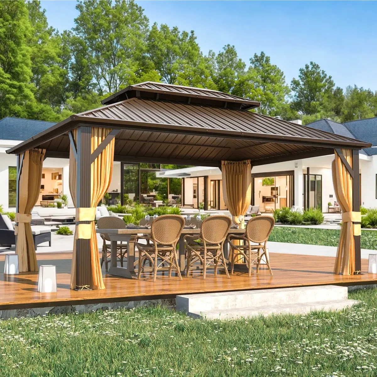 Jolydale Hardtop Gazebo, Outdoor Gazebo with Galvanized Steel Double Roof, Patio Gazebo with Breathable Netting & Privacy Curtain, Decor Hooks for Backyard, Brown,home decor,camping essentials