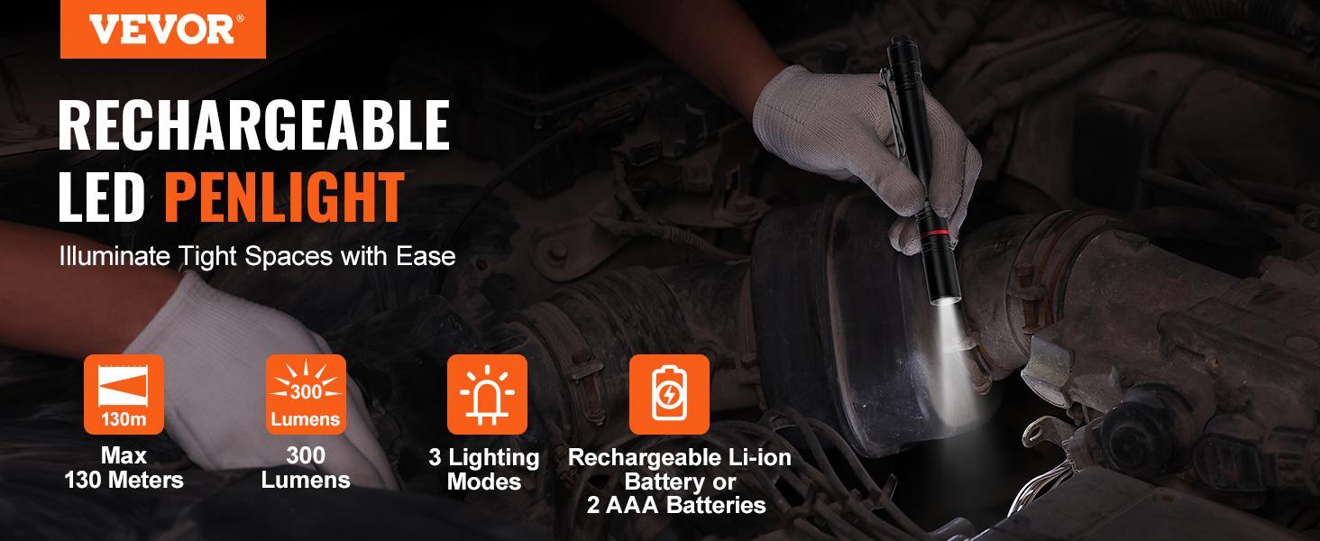 VEVOR 5.9 Inch Rechargeable Penlight 300 lumens 3 Lighting Modes Pocket Penlight