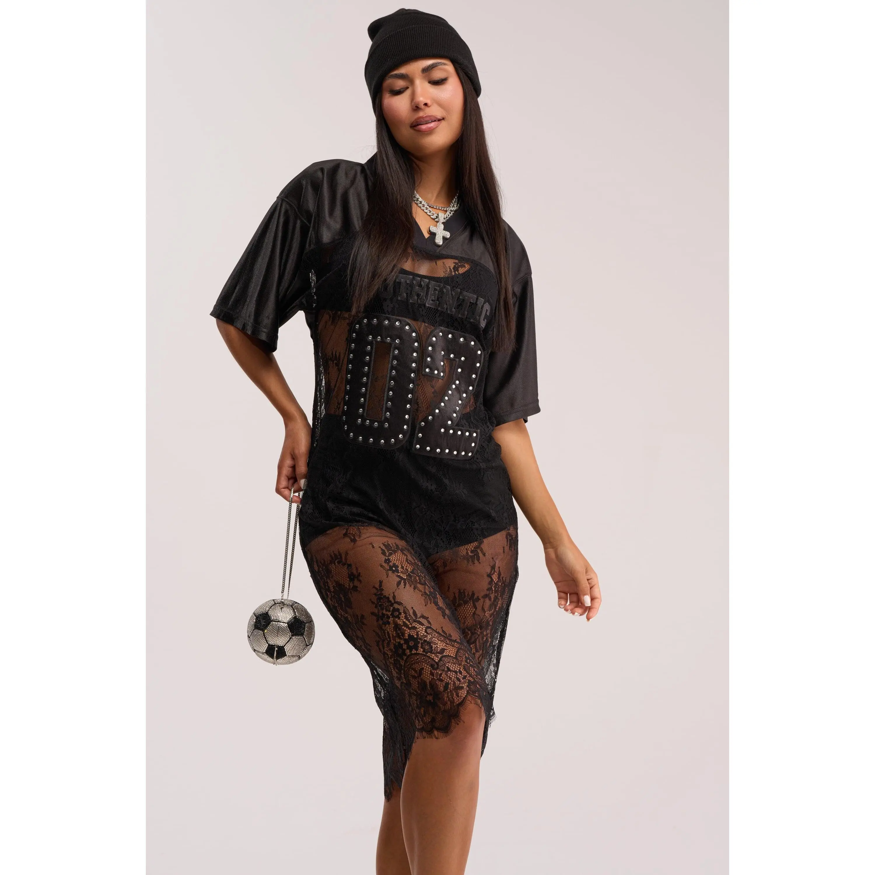 PART TIME PLAYER LACE JERSEY MIDI DRESS IN BLACK