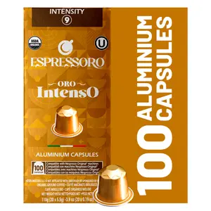 ESPRESSORO USDA Organic Espresso Compatible Pods - 100 Ct ORO INTENSO - Aluminium Coffee capsules compatible with Nespresso Original Line Machines