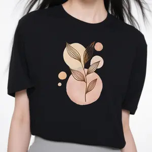 women's T-shirt Leaf Plant Circles Solid color printed short sleeved women's top White, black, khaki Fashion daily women's clothing