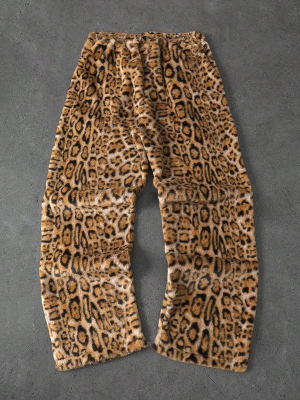 Unisex Leopard Camo Fleece Wide Leg Pants, Soft Rabbit Fur Fabric, Fall & Winter Warm Comfort, Street Hip Hop Style, Daily Wear