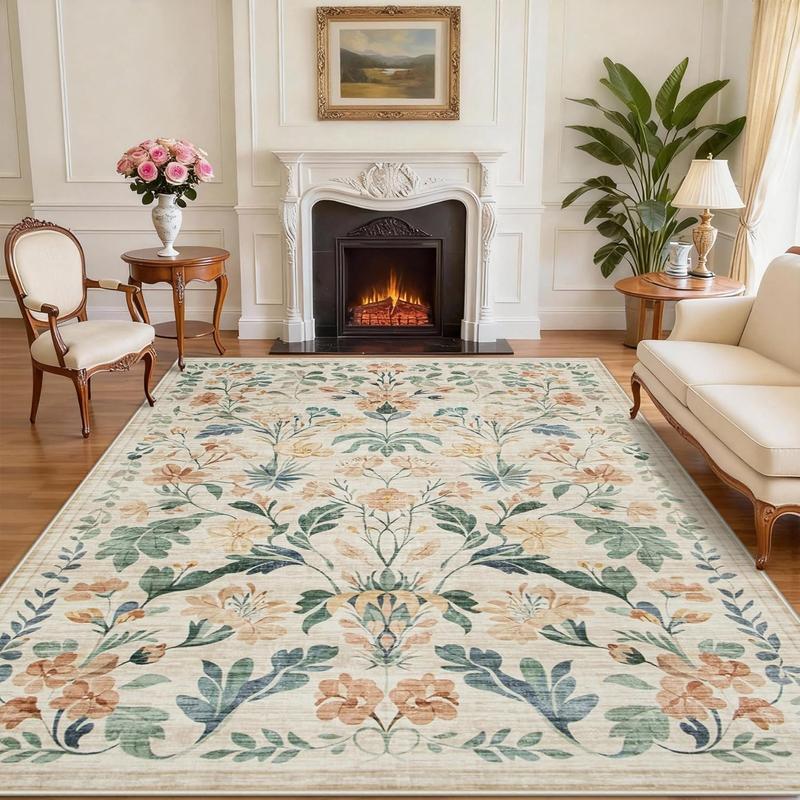 Lagre Boho Living Room Rug Soft Non-Slip Thin Carpet Indoor Floor Non-Shedding Neutral Floral Carpets for Bedroom Dining Room Farmhouse Nursery Washable Rug