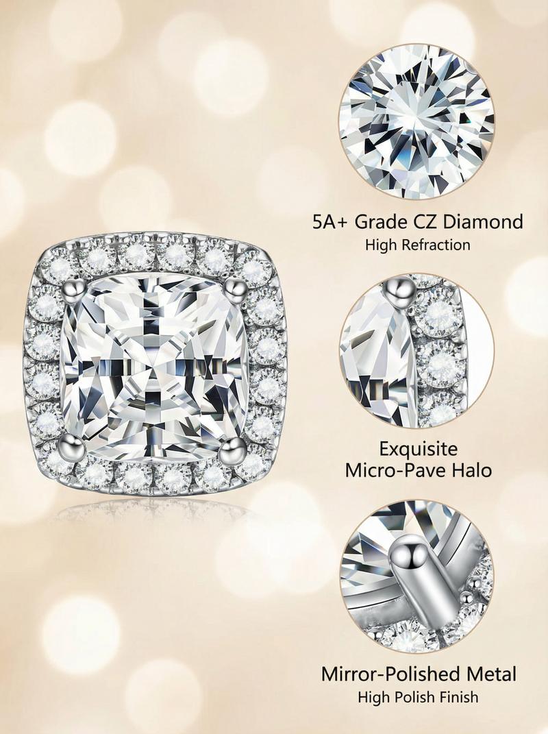 Luxury Halo Zircon Stud Set 4-Pack Gold Silver Round Square Hypoallergenic Copper Plated Jewelry Box Included Perfect for Holidays Birthdays