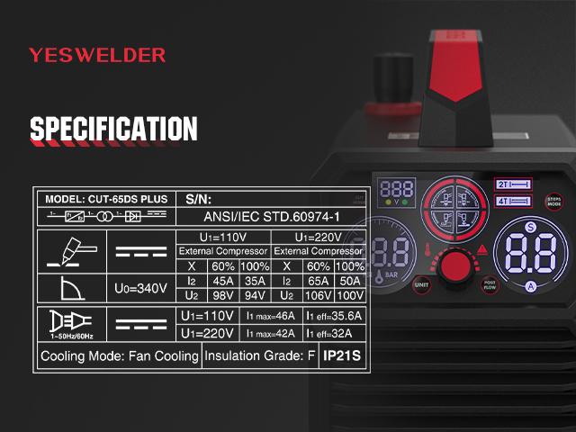 YESWELDER CUT-65DS-PLUS 110/220V Non-HF Plasma Cutter 65Amp | Non-Touch Pilot Arc & Central Connector Torch | 4-in-1 Multi-Functional Metal Cutting Machine with Plate/Grid Cutting, Gouging & Marking