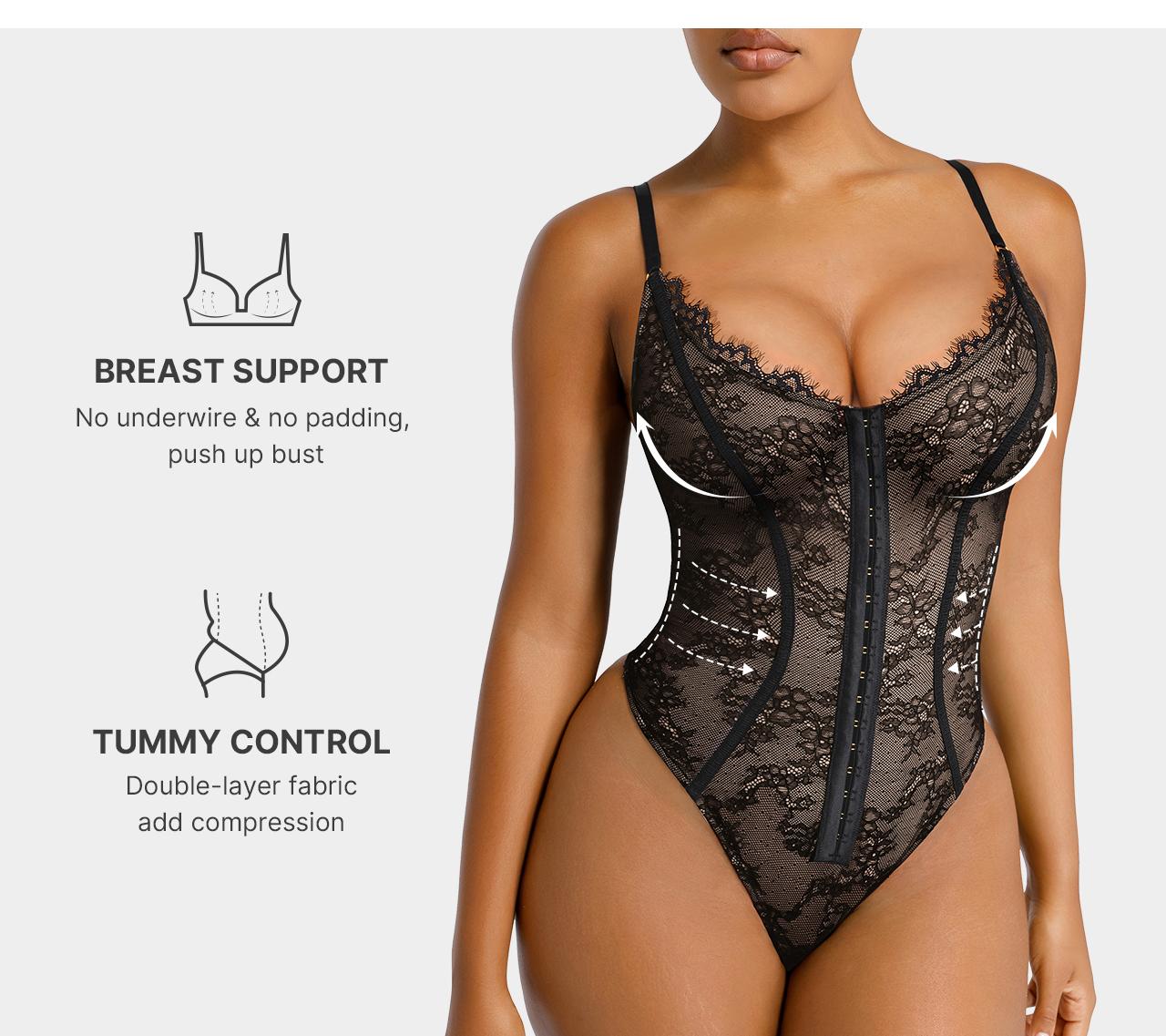 Shapellx Lace Glamour Thong Bodysuit Tummy Control Tops Front Button Design Sexy Womenswear Fit Skinny