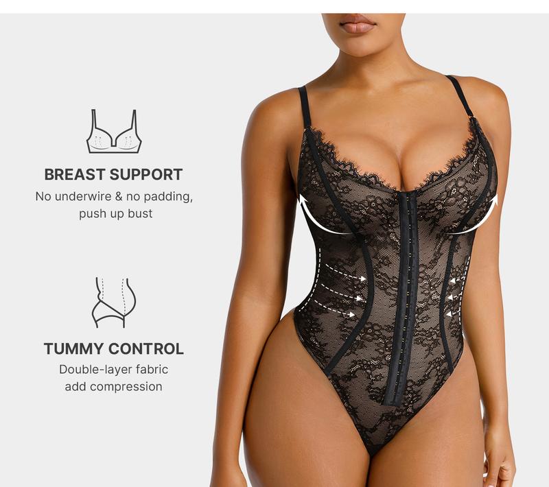 Shapellx Lace Glamour Thong Bodysuit Tummy Control Tops Front Button Design Sexy Womenswear Fit Skinny