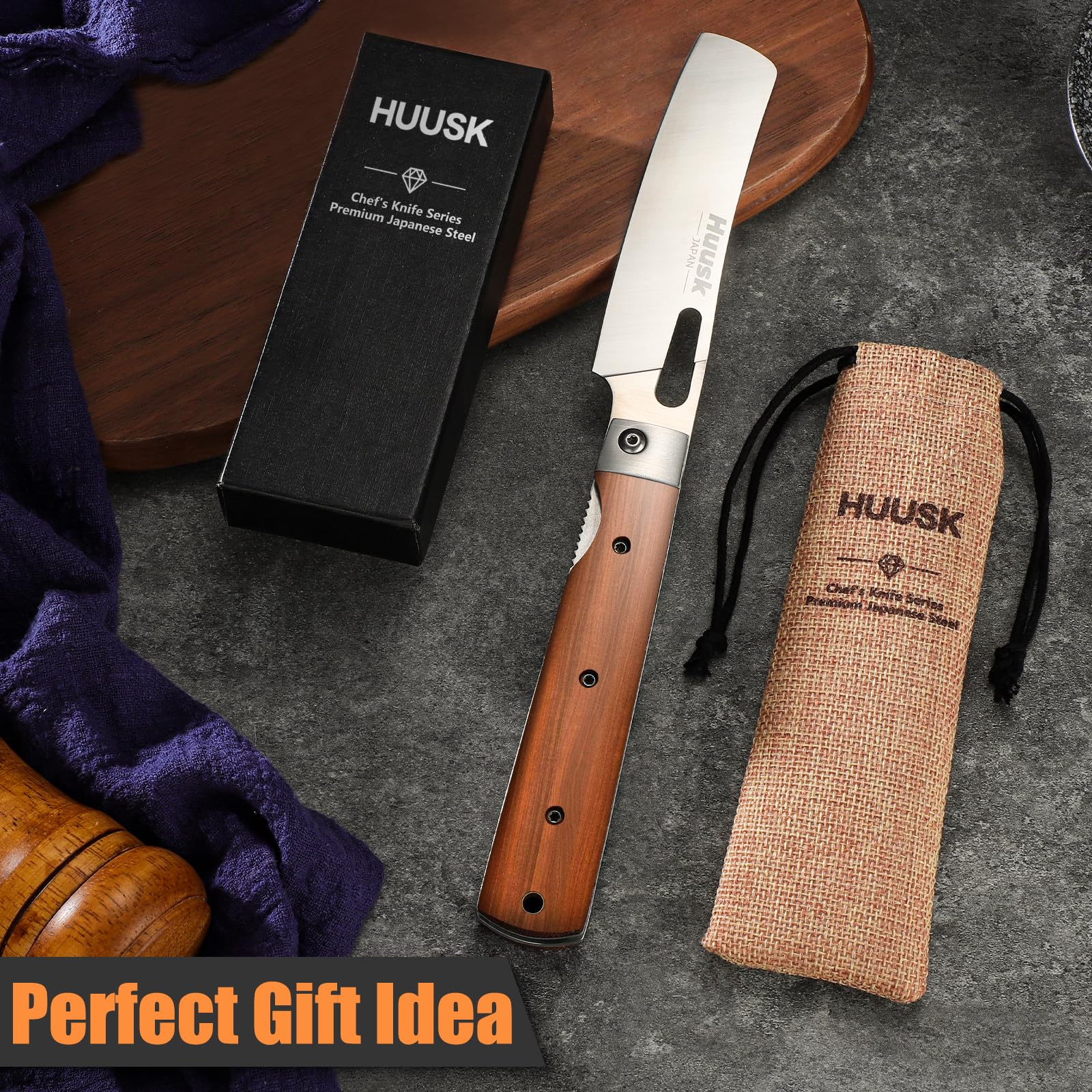 Huusk Folding Nakiri Knife with 440C Stainless Steel Blade, Wood Handle, Portable Kitchen Knife for BBQ, Outdoor, Gift Box Cooking Cutting Utensils – Perfect Father's Day  Gift!,FallFreshness,Christmas Gift