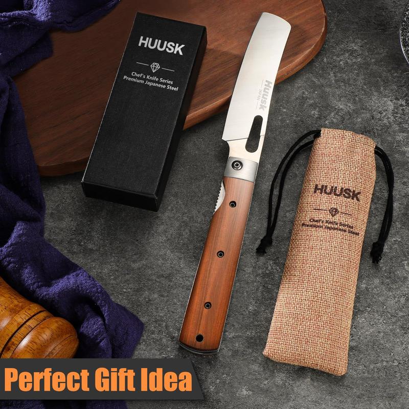 【February Faves】Huusk Folding Nakiri Knife with 440C Stainless Steel Blade, Wood Handle, Portable Kitchen Knife for BBQ, Outdoor, Gift Box Cooking Cutting Utensils – Perfect Father's Day  Gift!,FallFreshness,Christmas Gift