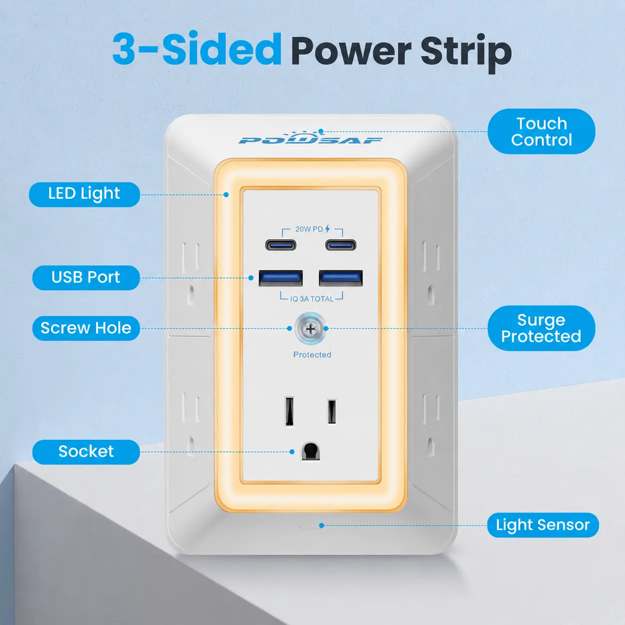 Back to School Multi Plug Outlet Extender with Light, Surge Protector Power Strip, 20W PD Fast Charging, POWSAF 3-Sided Wall Outlet Extender with 2 USB-C & 2 USB-A Ports (3A Total), Multiple Plug Charger for Dorm, Home & Office