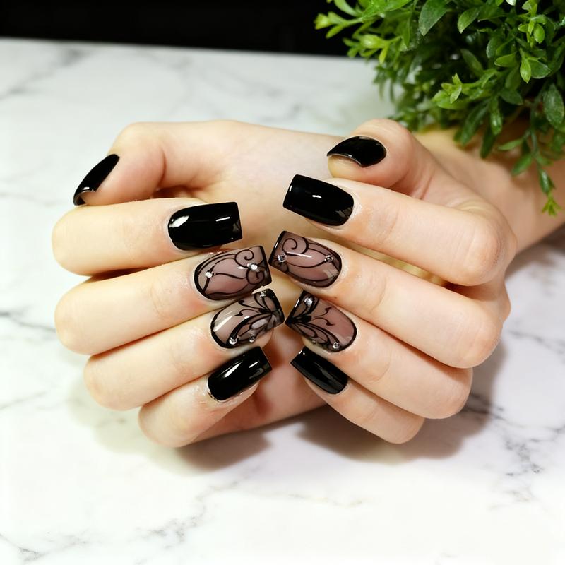 Black Press on Nails Short Square Fake Nails Black Vine Acrylic Glue on Nails Full Cover Glossy Nails Press ons Short Stick on Nails Summer Artificial Nails for Women Girls - 24Pcs