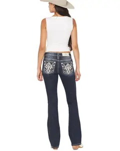 Miss Me Women's Dark Wash Mid Rise Faux Flap Pocket 34" Bootcut Stretch - M9465b2l