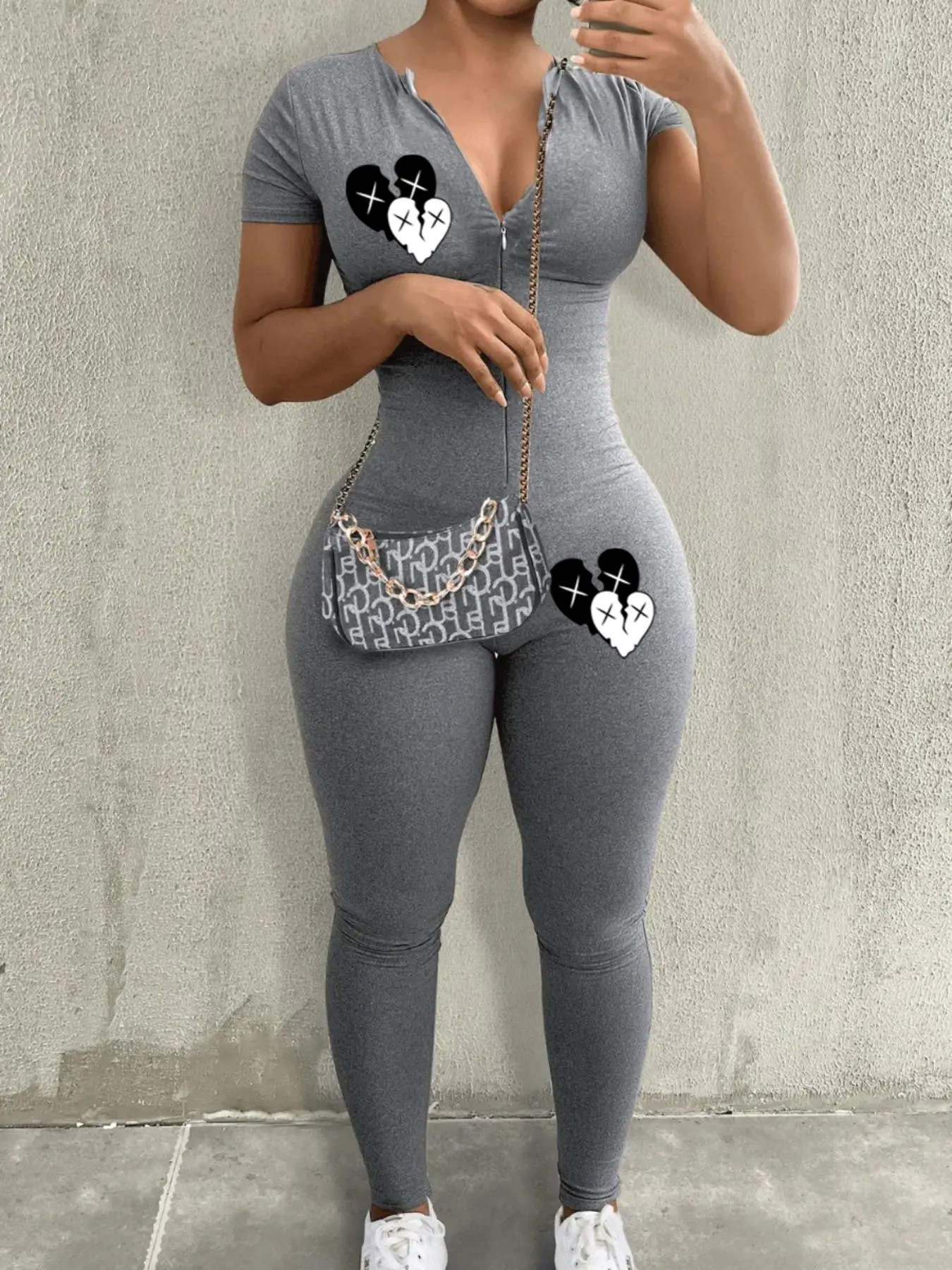 Women's Heart Print Short Sleeve Jumpsuit, Casual Comfy Bodycon Fit Jumpsuit for Summer, Fashion Women's Clothes for Daily Wear Womenswear
