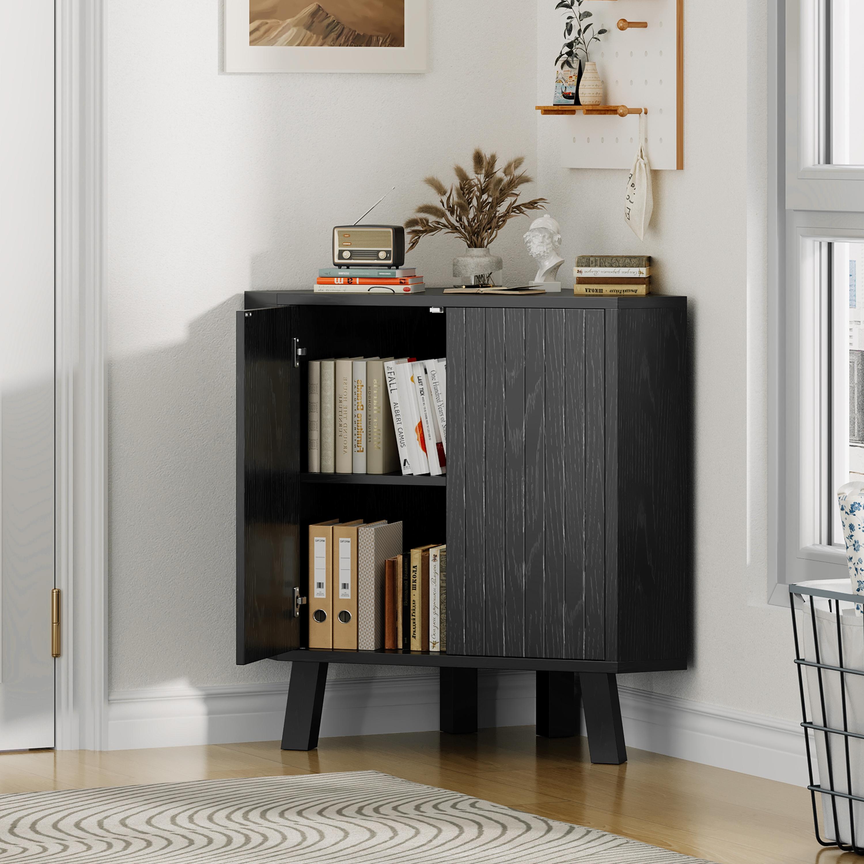 31.5'' Corner Cabinet with Doors, 3-Tier Industrial Fluted Corner Shelf with Adjustable Shelf, Freestanding Triangle End Table for Living Room, Bedroom, Kitchen, Bathroom 31.5'' Corner Cabinet with Doors, 3-Tier Industrial Fluted Corner Shelf with Adjustable Shelf, Freestanding Triangle End Table for Living Room, Bedroom, Kitchen, Bathroom