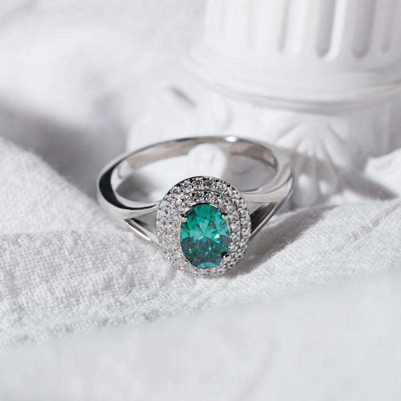 Delzzad 1ct Oval Synthetic Moissanite Double Halo Ring In 925 Sterling Silver Ring Band Jewelry Perfect Birthday Engagement Wedding Anniversary Christmas Gift for Women