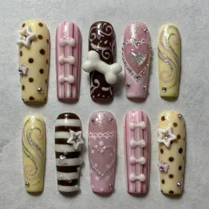Handmade Sweet Kawaii Press On Nails, 3D Bone Charm, Chocolate Polka Dots, Heart & Glitter Swirls, For Y2K Gyaru Puppy Love Aesthetic