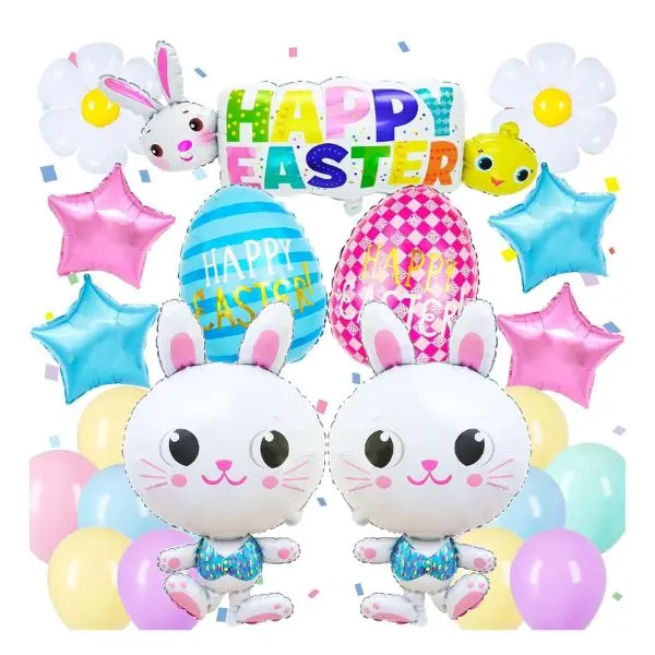 Happy Easter Balloons Set – Easter Bunny Balloon, Colorful Egg Balloons & Daisy Decorations, Easter Party Supplies, Easter Decorations for Kids Party