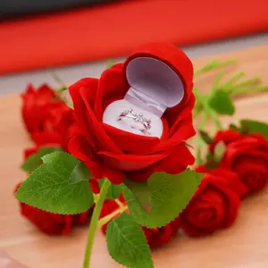 Flocked Rose Shape Ring Box Single Bouquet Christmas Valentine's Day Gift Proposal Earring Box Wholesale