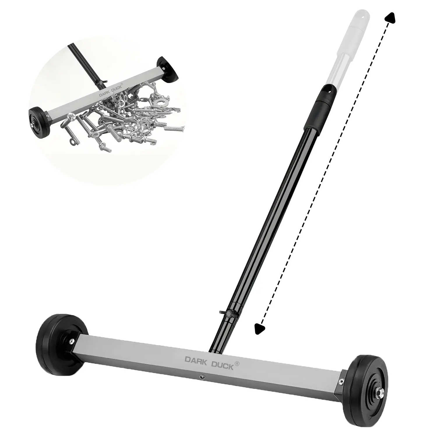 DARK DUCK 17-Inch Rolling Type Magnetic Sweeper, 3-Inch Wheels with Rubber Pedals, Adjustable Handle, 8.8-Lb Metal Capacity Heavy-Duty Magnet, Wide Sweep Area for Floor Cleanup, Carpentry Tool for Construction Workers, Large Magnet Grabs Nails Fast