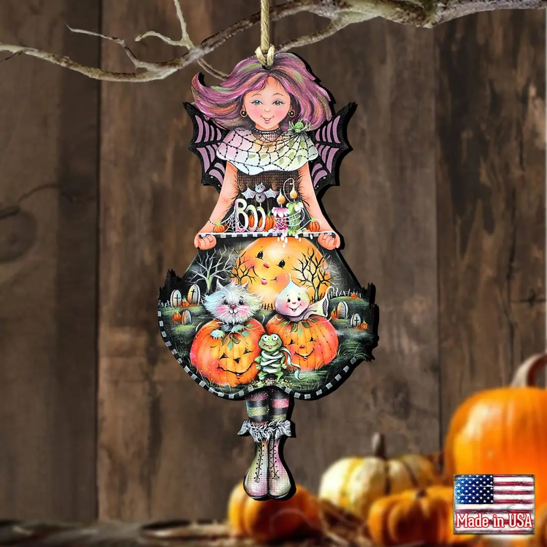 Designocracy 8457412-S2 Artistic Halloween Fairy Wooden Ornaments - 5x5.5 in, Set of 2, Holiday Decoration, Festive Home Decor Gift