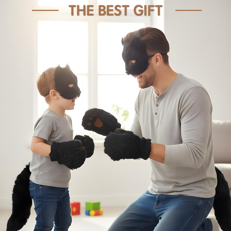 4Pcs Faux Fur Fox Costume Set with Plush Mask Fluffy Claw Gloves & Tail Perfect for Halloween Christmas and Costume Parties Ideal Gift for Children, Therian Gear