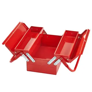 14-Inch Red Portable Folding Metal Tool Box, 2-Tier 3-Tray Organizer with Handle and Lock Hole, Powder-Coated Steel Construction, Ideal for Household and Repair Shop Use