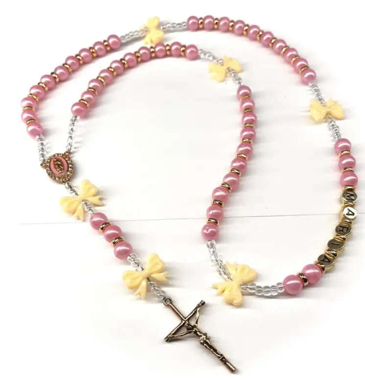 Pink pearl white bow name rosary